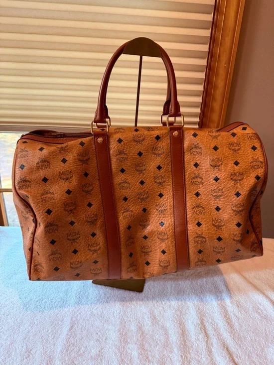 MCM Cognac Monogram Visetos Duffel Bag with Brown Leather Trim - Picture 2 of 10